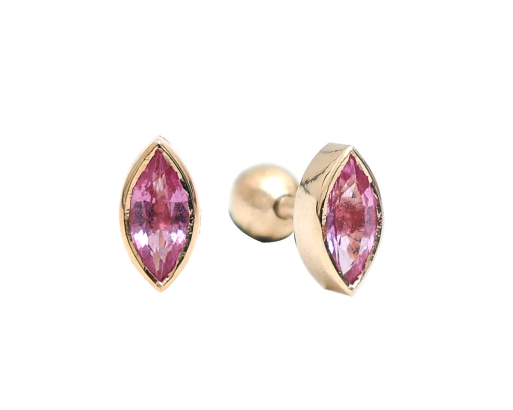 Brinco Piercing Navete Safira Rosa Ouro 14K