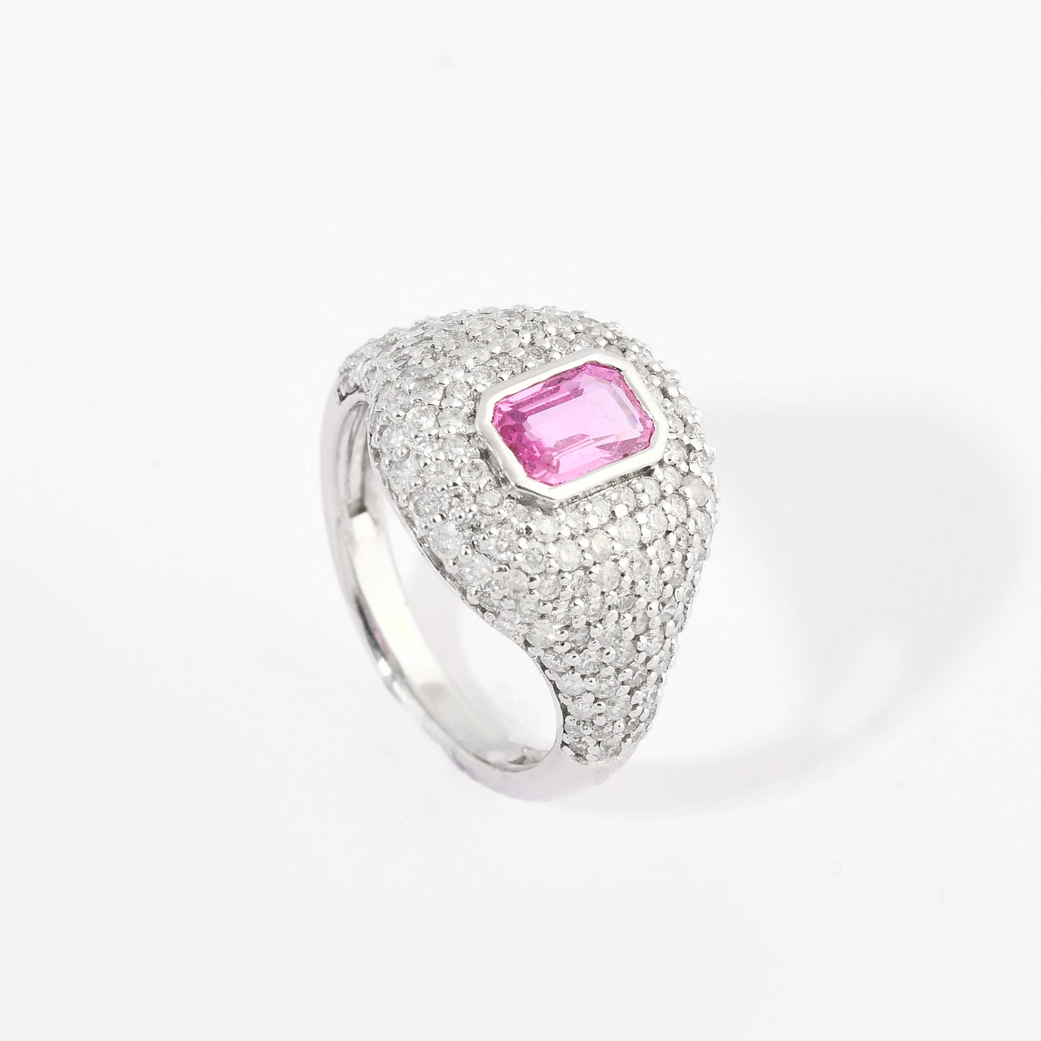 Anel Pinky Pave Retangular Safira Rosa e Diamantes