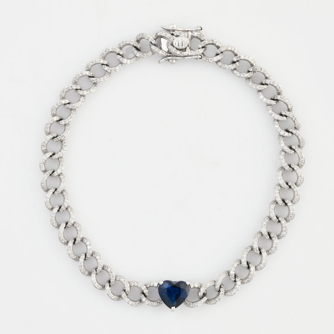 Pulseira Chain Heart Safira Azul e Diamantes