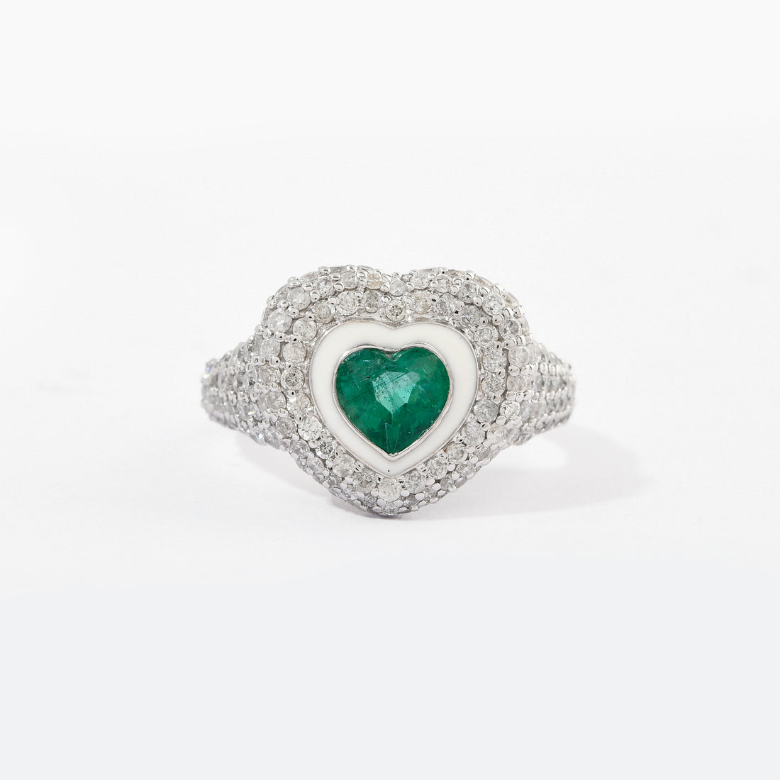 Anel Pinky Heart Pave Enamel Esmeralda e Diamantes