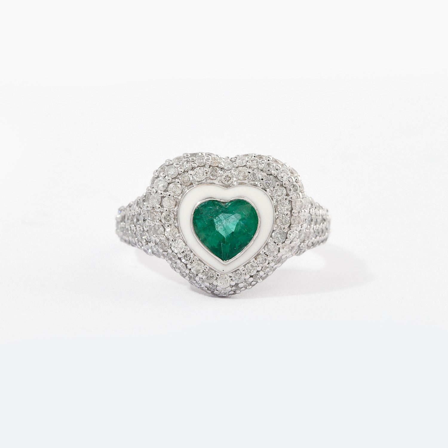 Anel Pinky Heart Pave Enamel Esmeralda e Diamantes