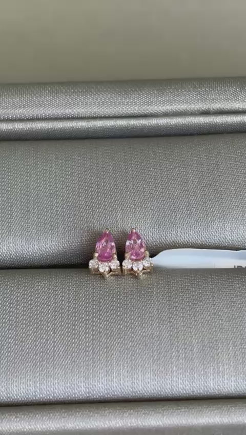 Brinco Piercing Safira Rosa &amp; Diamante Ouro 14K