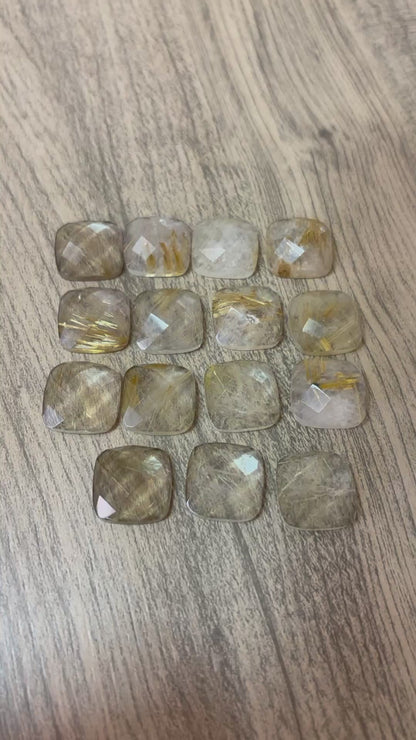QUARTZO RUTILADO QUADRADO FACETADO 16 MM LOTE COM 15 PEÇAS (BASE RETA)